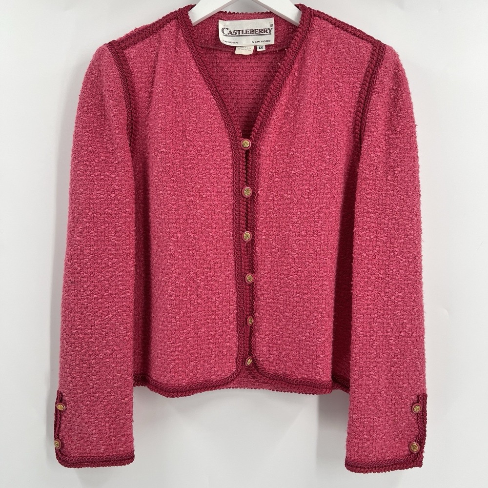 Vintage Castleberry Boucle Blazer Size 12 Pink‎ Tweed Jacket Union Made Classy